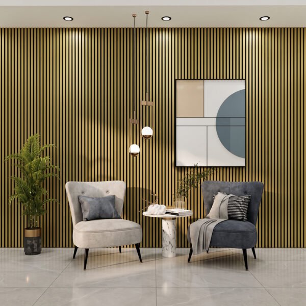 Acoustic Slat Wall Panel | Metal Golden-PU | Premium 3-sided Wood Veneer