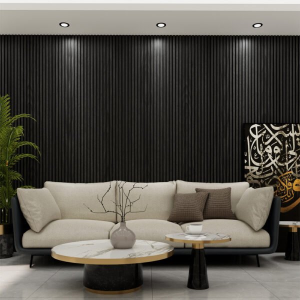 Acoustic Slat Wall Panel | PU Black | Premium 3-sided Wood Veneer